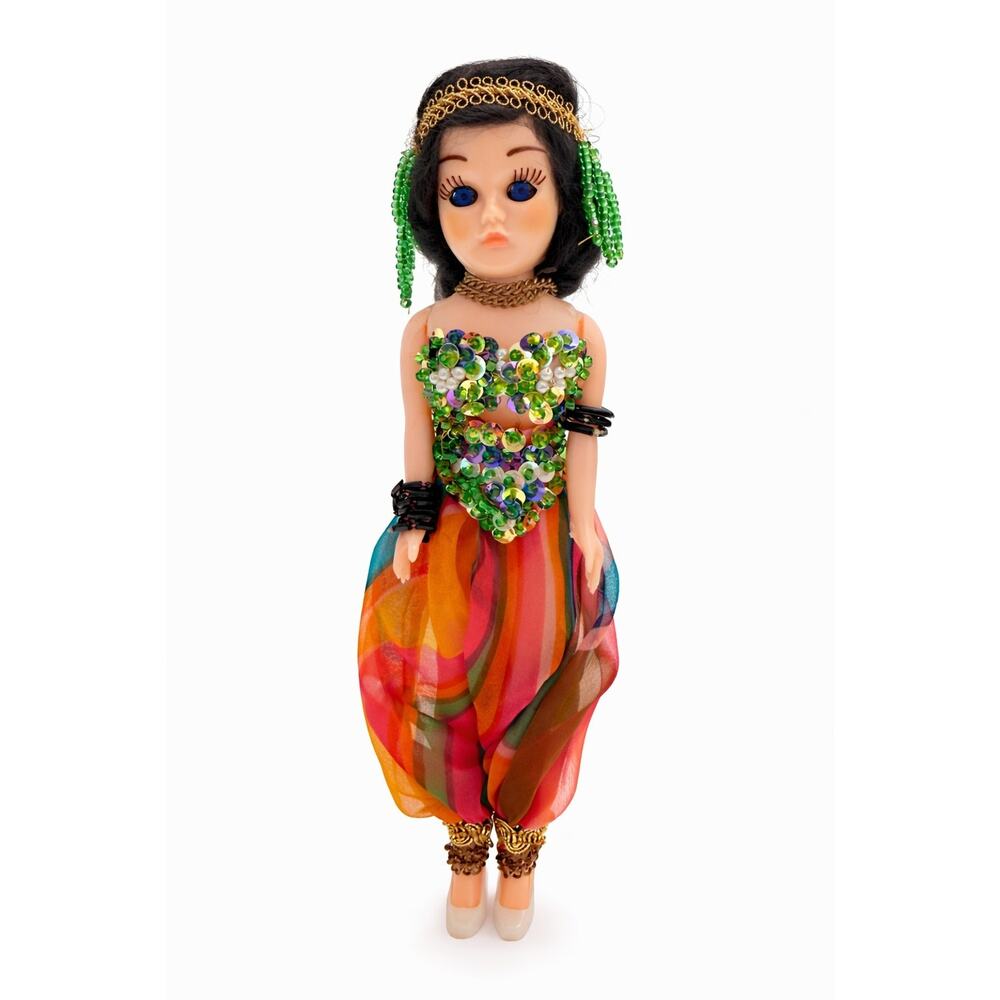 Vintage Souvenir Doll - Green Sequined Bodice & Striped Harem Pants - 7" Plastic
